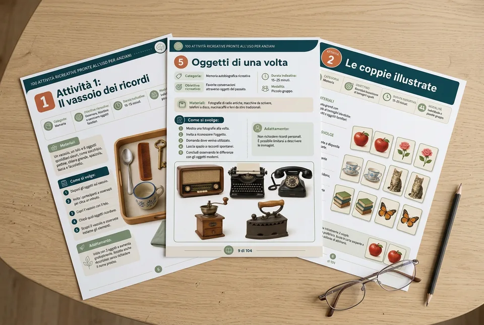Le schede delle attività per anziani stampate in A4 e appoggiate su un tavolo