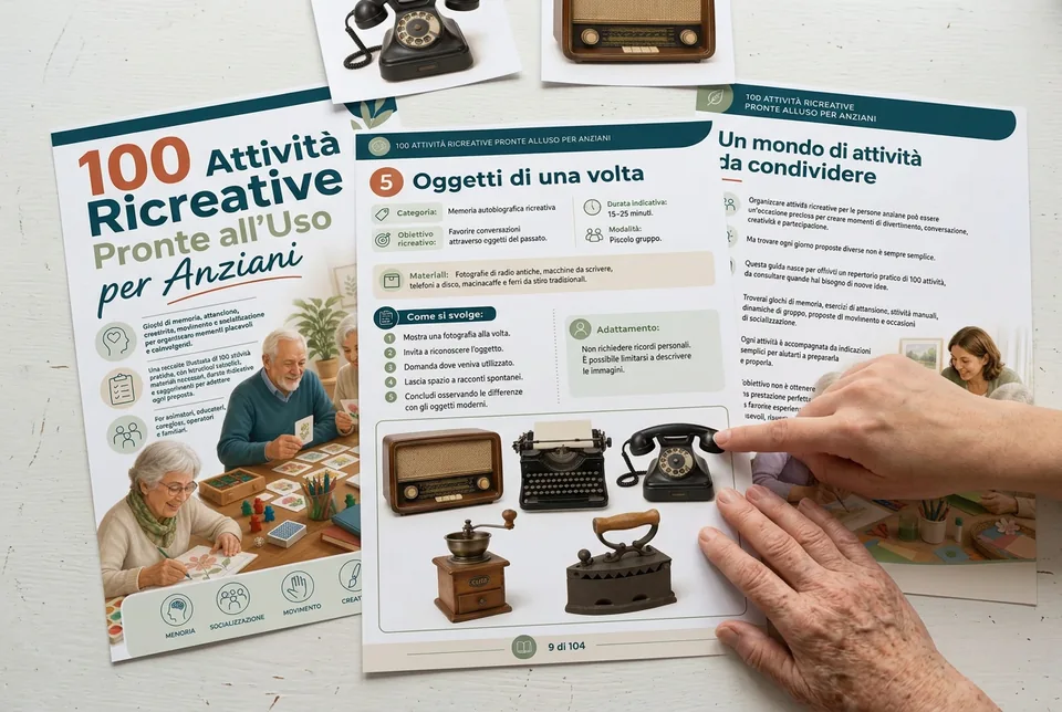Due persone consultano la scheda A4 Oggetti di una volta sul tavolo